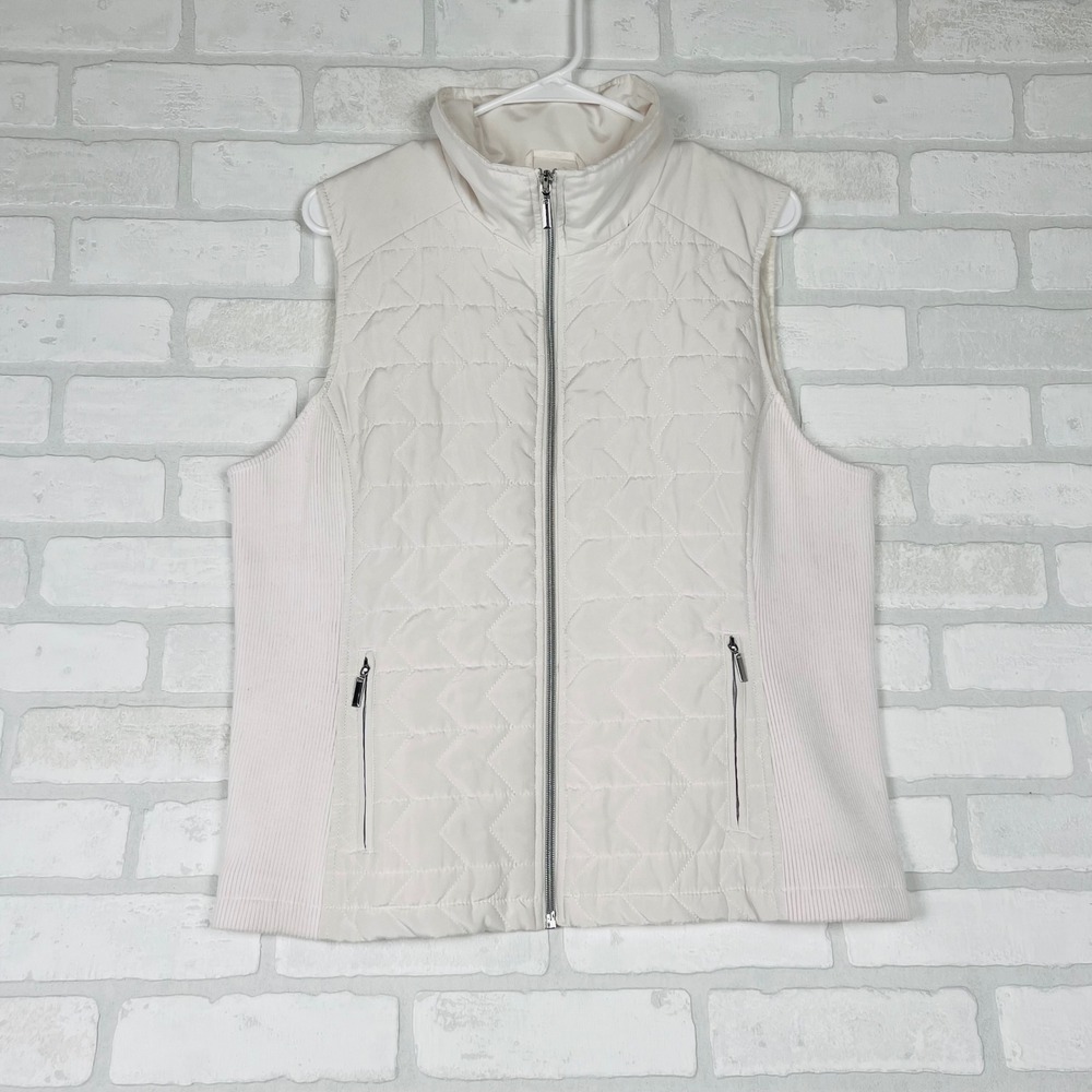 Christopher & Banks Women Cream Quilted Full Zip Vest Ribbed Side Panels Large